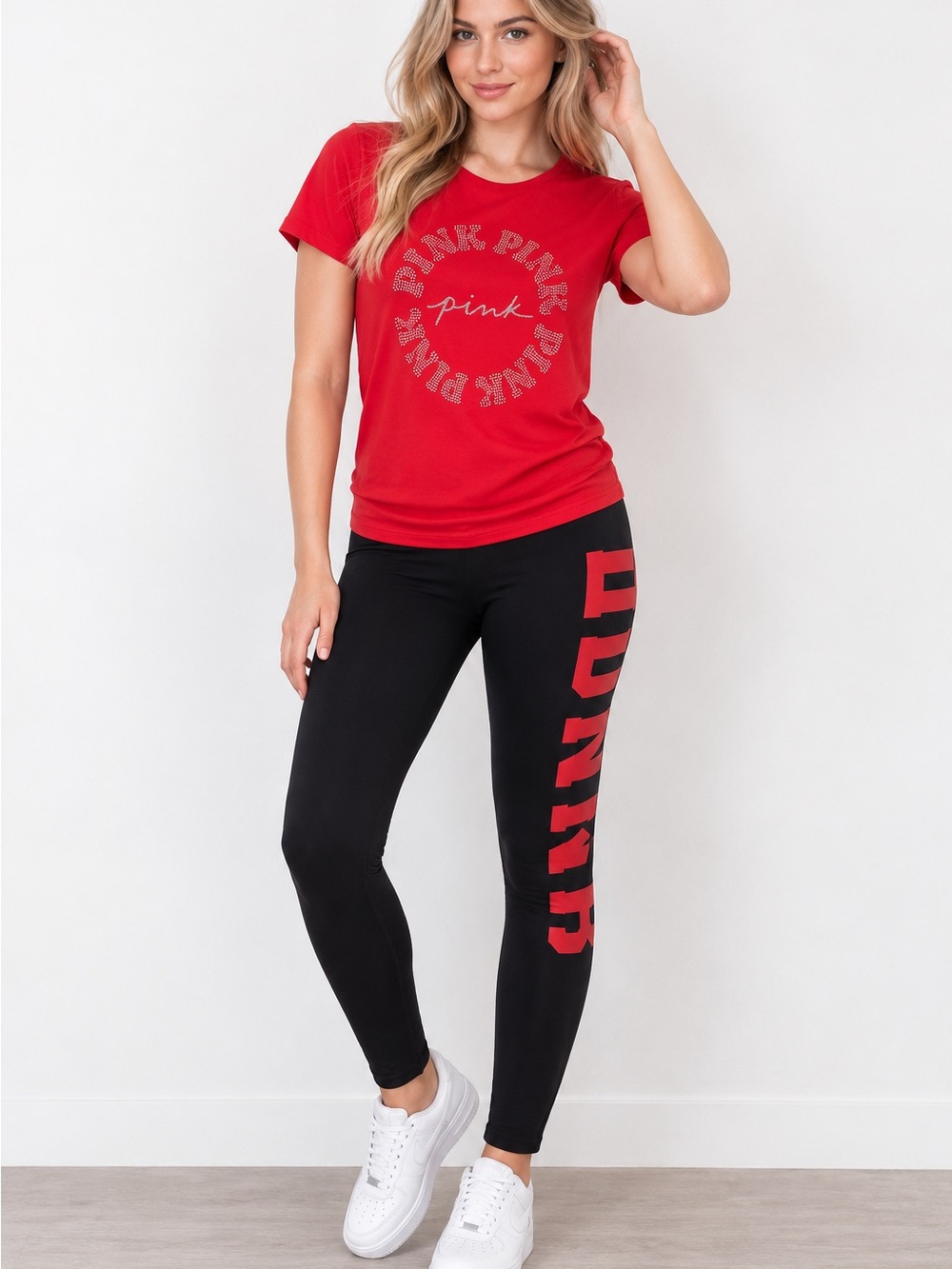 PINK Victoria's Secret Red Logo Tee with Black Leggings Set L